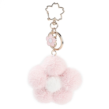Flower Plush Pendant Keychain, with Alloy Finding for Keychain, Purse, Backpack Ornament, Pink, 15.4cm