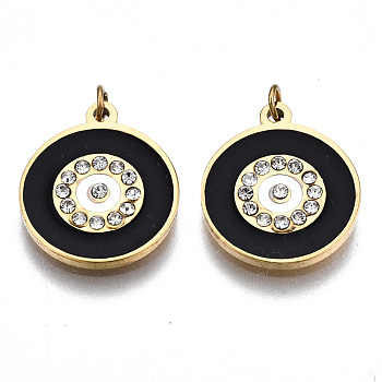 316 Surgical Stainless Steel Enamel Charms, with Jump Rings and Crystal Rhinestone, Real 14K Gold Plated, Flat Round, Black, 14x12x1.5mm, Jump Ring: 3.8x0.6mm, 2.6mm inner diameter