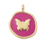 Brass Enamel Pendants, Rack Plating, Cadmium Free & Lead Free, Long-Lasting Plated, Real 18K Gold Plated, Flat Round with Butterfly Charm, Cerise, 19x15x2mm, Hole: 2mm(KK-P293-11G-04)