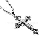 Stainless Steel Box Chains Necklaces, with Alloy Rhinestone Pendants, Cross, Black, 23.62 inch(60cm)(PW24062834468)