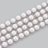 Handmade Brass Beaded Chains, Soldered, with Spool, ABS Plastic Imitation Pearl, Real 18K Gold Plated, White, 3x2.6mm, about 16.4 Feet(5m)/roll(CHC-S003-17A)