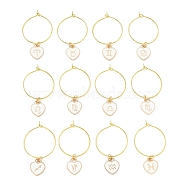 12Pcs Heart with Constellation Alloy Enamel Wine Glass Charms Sets, with Brass Hoop Earrings Findings, Golden, White, 45mm(AJEW-JO00230-01)