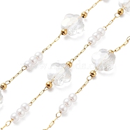 Ion Plating(IP) 304 Stainless Steel Handmade Beaded Chain, with Glass, ABS Imitation Pearl, with Spool, Soldered, Real 18K Gold Plated, Flower, Clear, 8x8x4.5mm, about 16.40 Feet(5m)/Roll(CHS-K019-01G-01)