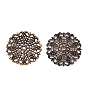 Brass Vintage Filigree Findings,  Antique Bronze Color, Flat Round, Size: about 25mm in diameter, 1mm thick, hole: 2mm(X-KKC-Q006-AB)
