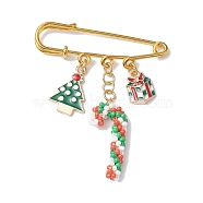 Candy Cane & Christmas Tree & Gift Glass Seed Beads & Alloy Enamel Pendant Kilt Pins, Gold Plated Iron Brooch Pins for Backpack Clothes, Colorful, 60x49.5mm(JEWB-MZ00003)