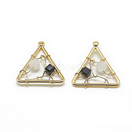 Brass Pendants, with Glass Beads, Triangle, Real 18K Gold Plated, Black, 18x17x3.5mm, Hole: 1mm(X-KK-T032-065G-02)