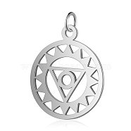 201 Stainless Steel Pendants, Chakra, Visuddha, Flat Round with Triangle, Stainless Steel Color, 22.5x19x1mm, Hole: 3mm(STAS-S105-T524S)