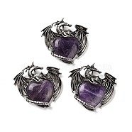 Natural Amethyst Pendants, Heart Charms, with Rack Plating Antique Silver Tone Alloy Dragon Findings, 51~52.5x55x10.5~11mm, Hole: 7x4.5mm(G-A207-03AS-05)
