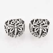 Alloy European Beads, Large Hole Beads, Hollow, Heart with Dragonfly, Antique Silver, 11.5x12x9mm, Hole: 5mm(MPDL-S065-17)