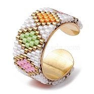 304 Stainless Steel Open Cuff Ring with Glass Seed Beaded, Rhombus, US Size 6 3/4(17.1mm)(RJEW-MZ00014-03)