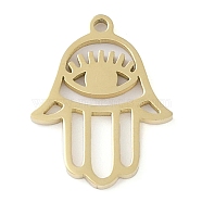 Ion Plating(IP) 304 Stainless Steel Pendants, Hamsa Hand with Eye Charm, Real 18K Gold Plated, 15x12x1mm, Hole: 1mm(STAS-P366-67G)