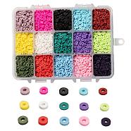 15 Colors Handmade Polymer Clay Beads, Disc/Flat Round, Heishi Beads, Mixed Color, 4~5x1mm, Hole: 1mm, about 380~400pcs/color, 5700~6000pcs/box(CLAY-JP0001-04-4mm)