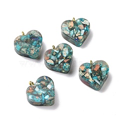 Transparent Resin Natural Imperial Jasper Dyed Chips Pendants, with Golden Tone Brass Loops, Heart Charm, Dark Turquoise, 16.5x15.5x6~6.5mm, Hole: 2mm(G-E185-12G-01)