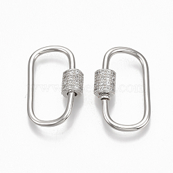 Brass Micro Pave Clear Cubic Zirconia Screw Carabiner Lock Charms, for Necklaces Making, Oval, Platinum, 24.5~26x15.5x1.5mm, Screw: 6.5x6mm(X-ZIRC-T010-10P)