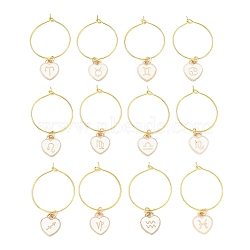 12Pcs Heart with Constellation Alloy Enamel Wine Glass Charms Sets, with Brass Hoop Earrings Findings, Golden, White, 45mm(AJEW-JO00230-01)