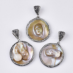 Freshwater Shell Pendants, with Edge Polymer Clay Rhinestone, Alloy Snap on Bails and Iron Loop, Flat Round, Seashell Color, PP12(1.8~1.9mm), 42.5~44x38.5x9~16mm, Hole: 4.5x10mm(SHEL-T015-01)