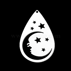 Non-Tarnish 201 Stainless Steel Pendants, Laser Cut, Teardrop with Star, Stainless Steel Color, 37.5x23.5x1mm, Hole: 1.5mm(STAS-S105-LA359-1)