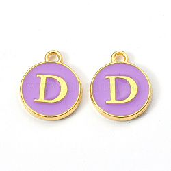 Golden Plated Alloy Enamel Charms, Enamelled Sequins, Flat Round with Letter, Medium Purple, Letter.D, 14x12x2mm, Hole: 1.5mm(ENAM-S118-10D)