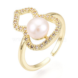Natural Pearl Finger Open Cuff  Ring Micro Pave Clear Cubic Zirconia, Brass Finger Rings, Gourd, Real 18K Gold Plated, US Size 6 1/2(16.9mm)(PEAR-N022-C04)