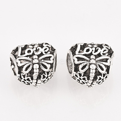 Alloy European Beads, Large Hole Beads, Hollow, Heart with Dragonfly, Antique Silver, 11.5x12x9mm, Hole: 5mm(MPDL-S065-17)