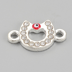 Alloy Rhinestone Links connectors, Cadmium Free & Lead Free, Horseshoes with Evil Eye, Red, Silver Color Plated, 17.5x10.5x2.5mm, Hole: 1.5mm(X-ALRI-S170-30S)