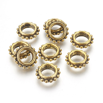 Tibetan Style Alloy Beads, Lead Free and Cadmium Free, Antique Golden, Rondelle, about 13.5mm in diameter, 4.5mm thick, hole: 7mm
