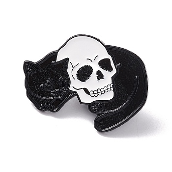 Cat and Skull Enamel Pin, Halloween Alloy Brooch for Backpack Clothes, Electrophoresis Black, Colorful, 24x30x1mm