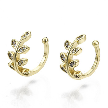 Brass Micro Pave Cubic Zirconia Cuff Earrings,  Nickel Free, Leafy Branches, Real 16K Gold Plated, Clear, 14x13x8mm
