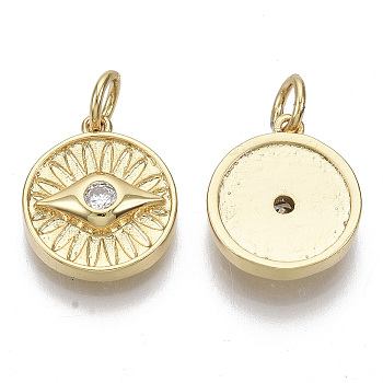 Brass Micro Pave Cubic Zirconia Pendants, with Jump Rings, Nickel Free, Flat Round with Eye, Clear, Real 16K Gold Plated, 13.5x11.5x3mm, Hole: 3mm
