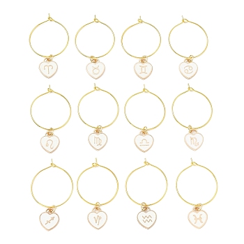 12Pcs Heart with Constellation Alloy Enamel Wine Glass Charms Sets, with Brass Hoop Earrings Findings, Golden, White, 45mm