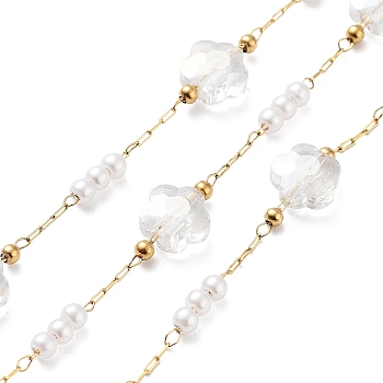 Ion Plating(IP) 304 Stainless Steel Handmade Beaded Chain, with Glass, ABS Imitation Pearl, with Spool, Soldered, Real 18K Gold Plated, Flower, Clear, 8x8x4.5mm, about 16.40 Feet(5m)/Roll