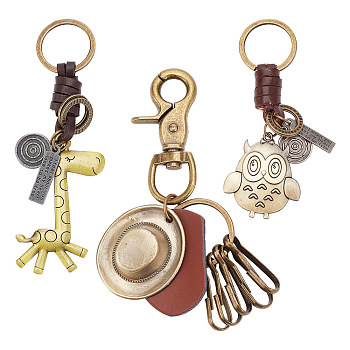3Pcs 3 Style Retro Braided Cowhide Keychain, Owl & Giraffe & Cowboy Hat Alloy Peadant Keychain for Woman Man Car Key Bag Pendant Decoration, Antique Bronze, 110~120mm, 1pc/style