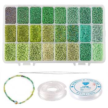 480g 24 Colors 12/0 Glass Round Seed Beads, Silver Lined Round Hole, with 1Pc Beading Needles and 2 Rolls Elastic Crystal Thread, Green, 2mm, 20g/color