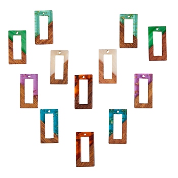 Resin & Walnut Wood Pendants, Rectangle, Mixed Color, 28x15x3mm, Hole: 2mm, 6 colors, 2pcs/color, 12pcs/set