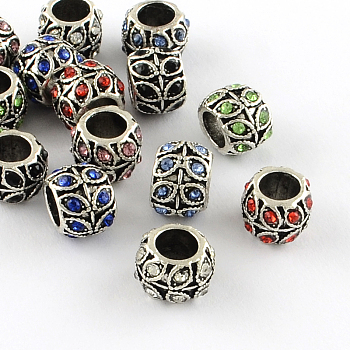 Antique Silver Plated Alloy Rhinestone Large Hole European Beads, Rondelle with Leaf, Mixed Color, 9x7mm, Hole: 5mm