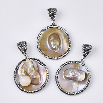 Freshwater Shell Pendants, with Edge Polymer Clay Rhinestone, Alloy Snap on Bails and Iron Loop, Flat Round, Seashell Color, PP12(1.8~1.9mm), 42.5~44x38.5x9~16mm, Hole: 4.5x10mm