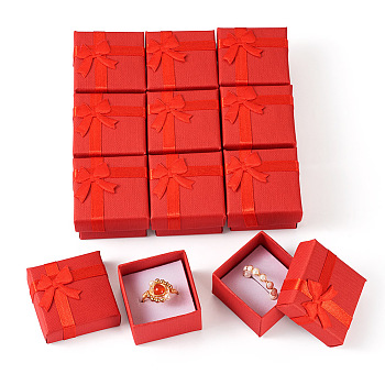 Cardboard Rings Boxes, with Sponge Inside, Square with Bowknot, Red, 4.2x4.2x2.6cm