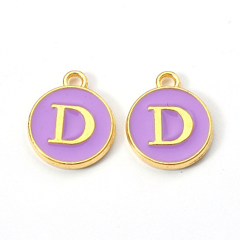 Golden Plated Alloy Enamel Charms, Enamelled Sequins, Flat Round with Letter, Medium Purple, Letter.D, 14x12x2mm, Hole: 1.5mm