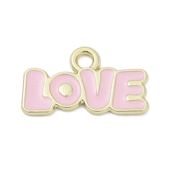 Valentine's Day Alloy Enamel Pandants, Golden, Word Love Charm, Pink, 11.5x20x1.2mm, Hole: 2.2mm