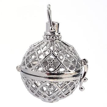 Rack Plating Brass Cage Pendants, For Chime Ball Pendant Necklaces Making, Hollow Round, Platinum, 32x29x25mm, Hole: 6x7mm, inner measure: 20mm