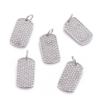 Brass Micro Pave Cubic Zirconia Pendants, with Jump Rings, Rectangle, Clear, Platinum, 16x9x1.5mm, Hole: 3.5mm