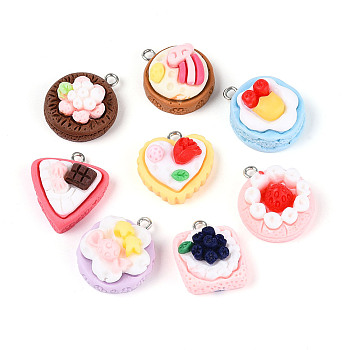 Opaque Resin Pendants, Cake, with Platinum Plated Iron Loops, Mixed Color, 21~24x17~21x10~13mm, Hole: 2mm