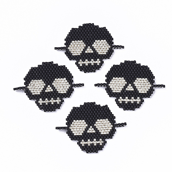 Handmade Japanese Seed Beads Links, with Nylon Wire, Loom Pattern, Halloween Skull, Black, 30.5x41x2mm, Hole: 3x1mm