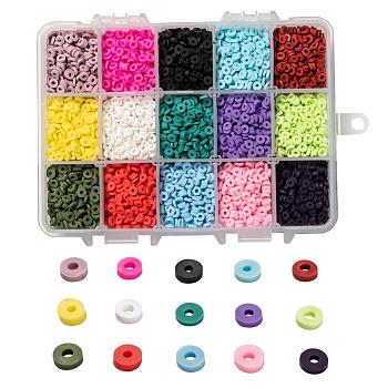 15 Colors Handmade Polymer Clay Beads, Disc/Flat Round, Heishi Beads, Mixed Color, 4~5x1mm, Hole: 1mm, about 380~400pcs/color, 5700~6000pcs/box