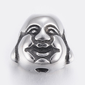 304 Stainless Steel Beads, Buddha Head, Antique Silver, 9.5x10x6mm, Hole: 2mm