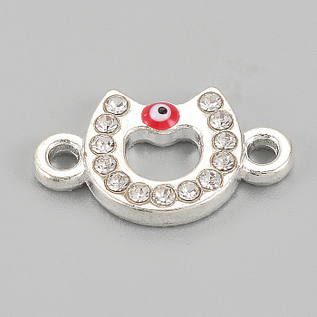 Alloy Rhinestone Links connectors, Cadmium Free & Lead Free, Horseshoes with Evil Eye, Red, Silver Color Plated, 17.5x10.5x2.5mm, Hole: 1.5mm