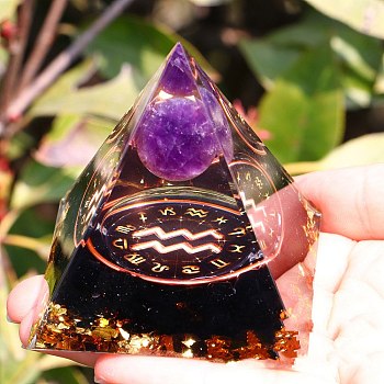 Orgonite Pyramid Resin Energy Generators, Reiki Natural Amethyst & Obsidian Chips Inside for Home Office Desk Decoration, Aquarius, 50x50x50mm