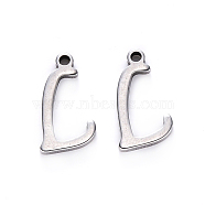 201 Stainless Steel Charms, Laser Cut, Stainless Steel Color, Letter.L, 13x6.5x1mm, Hole: 1mm(STAS-R105-L)