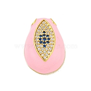 Rack Plating Brass Micro Pave Cubic Zirconia Pendants, Long-Lasting Plated, Cadmium Free & Lead Free, with Enamel, Teardrop with Eye, Real 18K Gold Plated, Pearl Pink, 22x15x6.7mm, Hole: 2.5x2.5mm(KK-P277-28G-01)