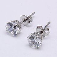 Cubic Zirconia Ear Studs, with 304 Stainless Steel Base, Flat Round, Stainless Steel Color, 9mm, Pin: 0.7mm(STAS-E051-3G)